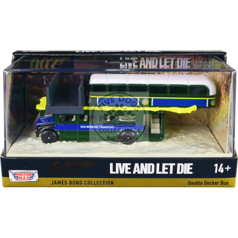 double decker bus "san monique transport" "hitting bridge scene" james bond 007 "live and let die" (1973) movie with display "james bond collection" series diecast model by motormax