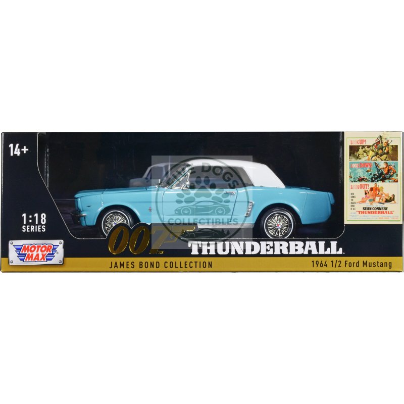 1964 1/2 ford mustang light blue with white top james bond 007 "thunderball" (1965) movie "james bond collection" series 1/18 diecast model car by motormax