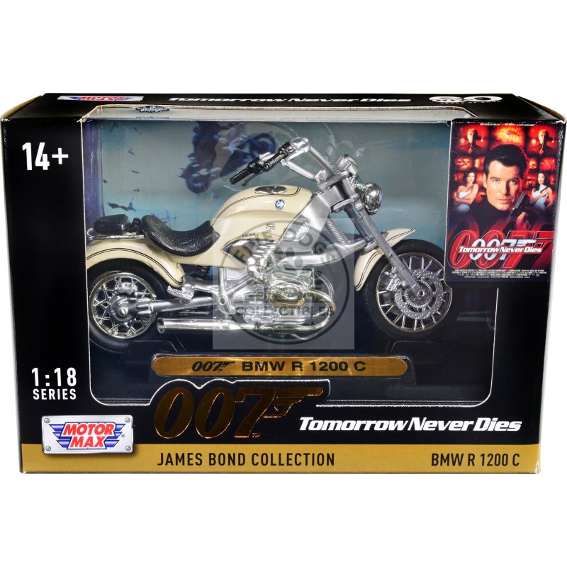 bmw r 1200 c motorcycle cream james bond 007 "tomorrow never dies" (1997) movie "james bond collection" series 1/18 diecast model car by motormax