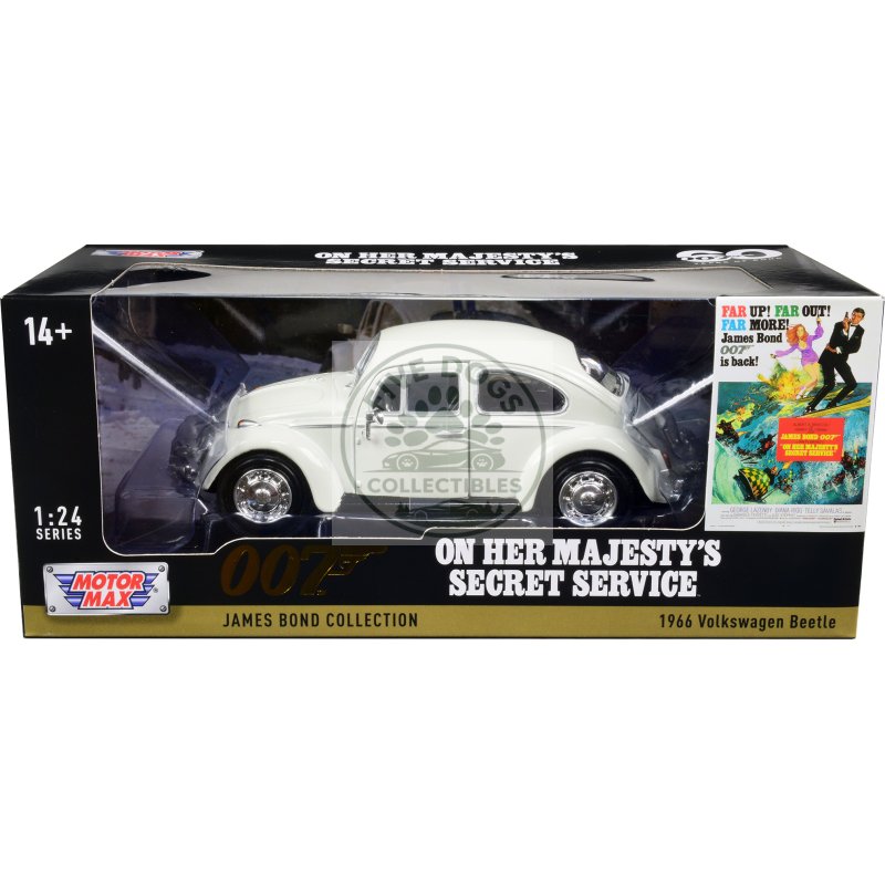 1966 volkswagen beetle white james bond 007 "on her majesty's secret service" (1969) movie "james bond collection" series 1/24 diecast model car by motormax