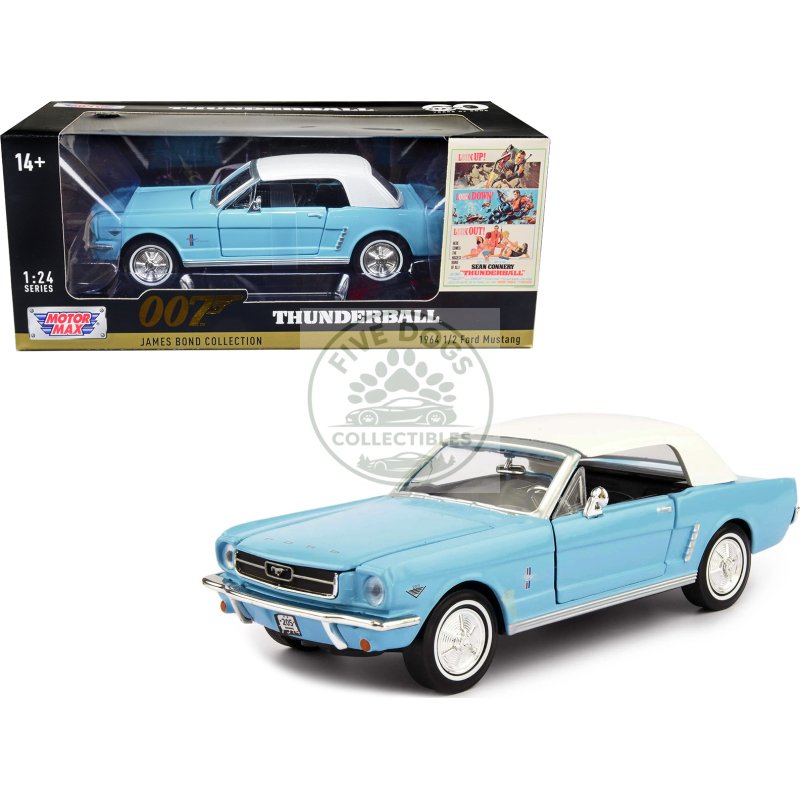 1964 1/2 ford mustang light blue with white top james bond 007 "thunderball" (1965) movie "james bond collection" series 1/24 diecast model car by motormax
