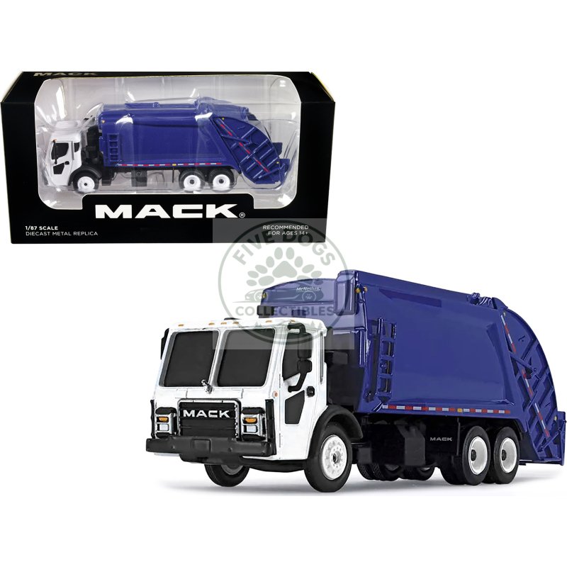 mack lr with mcneilus rear load refuse body blue and white 1/87 (ho) diecast model by first gear