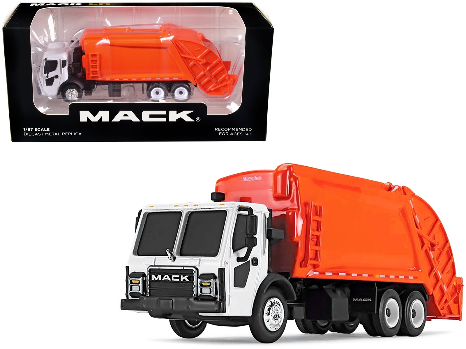 mack lr with mcneilus rear load refuse body orange and white 1/87 (ho) diecast model by first gear mack lr with mcneilus rear load refuse body orange and white 1/87 (ho) diecast model by first gear