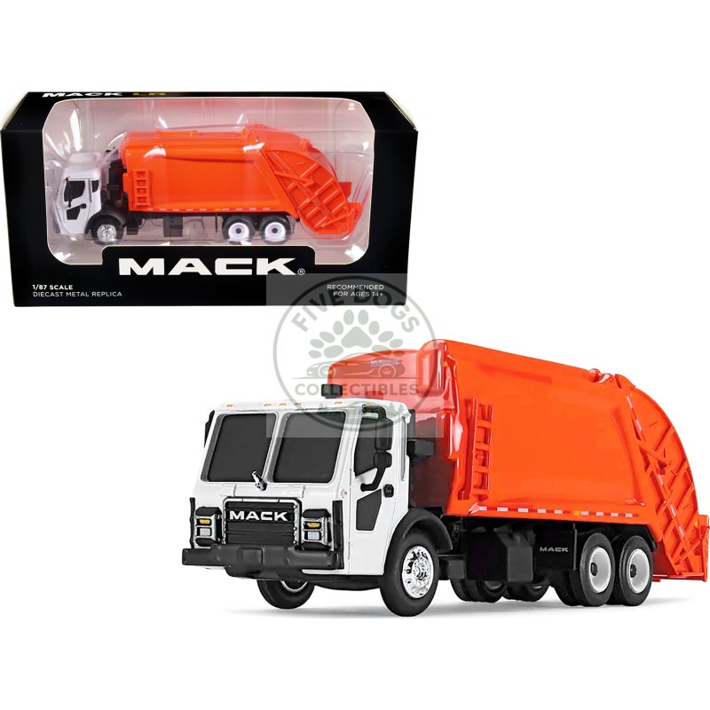 mack lr with mcneilus rear load refuse body orange and white 1/87 (ho) diecast model by first gear
