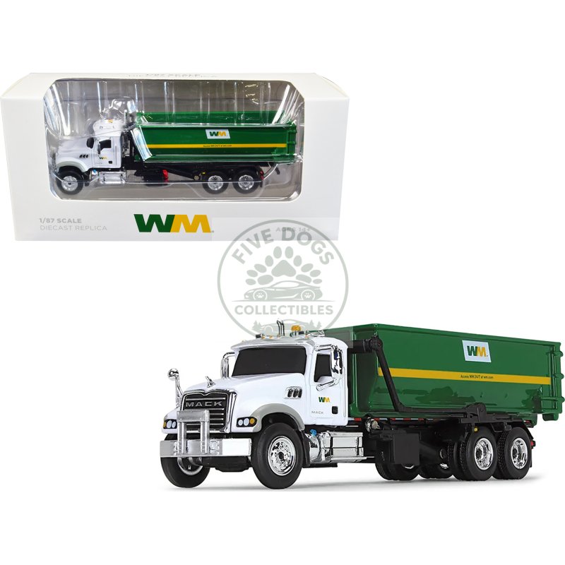 mack granite mp refuse garbage truck with tub style roll off container "waste management" white and green 1/87 (ho) diecast model by first gear