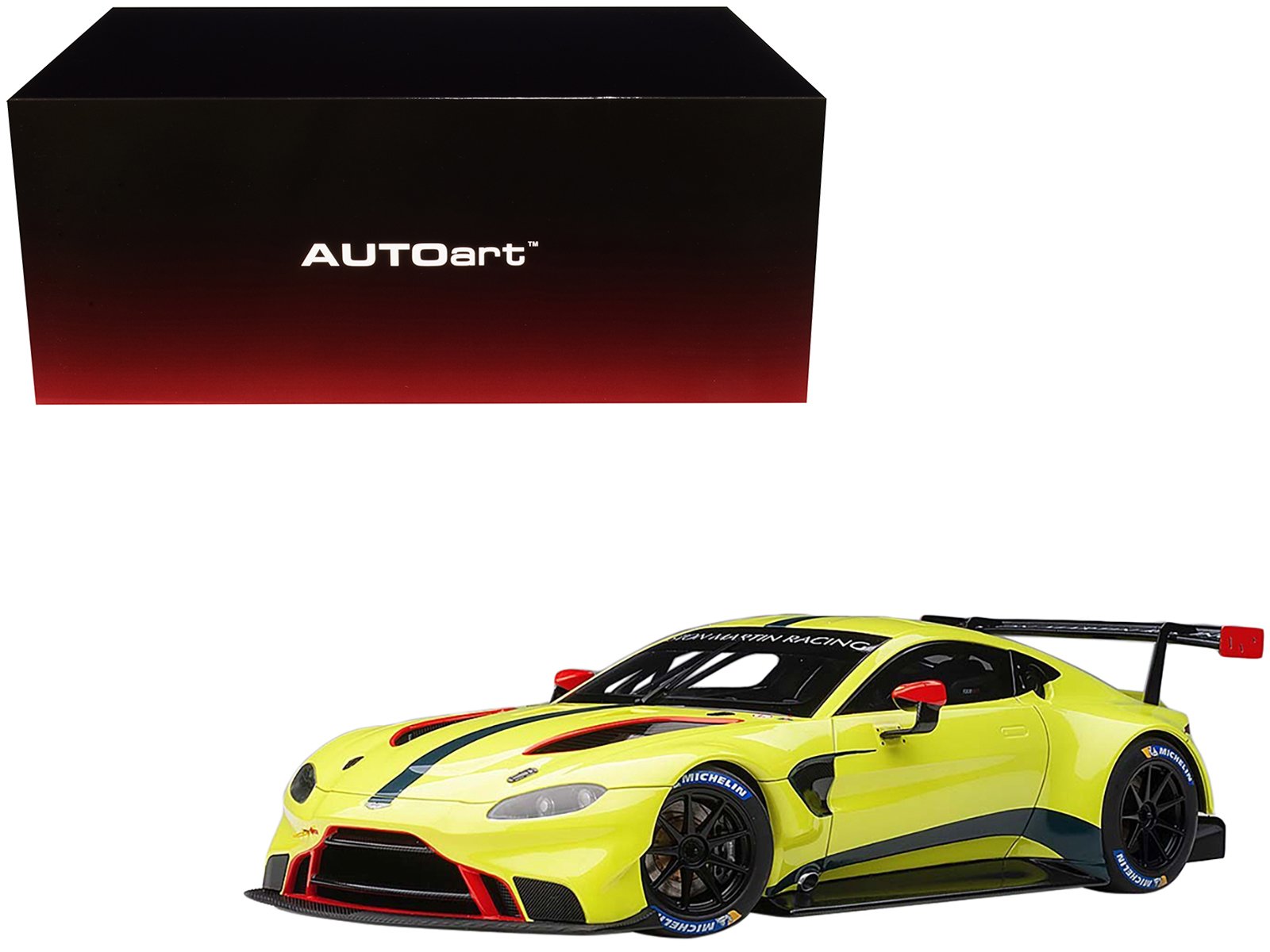 2018 aston martin vantage gte le mans pro presentation car lemon green metallic with carbon and red accents "aston martin racing" 1/18 model car by autoart 2018 aston martin vantage gte le mans pro presentation car lemon green metallic with carbon and red accents "aston martin racing" 1/18 model car by autoart