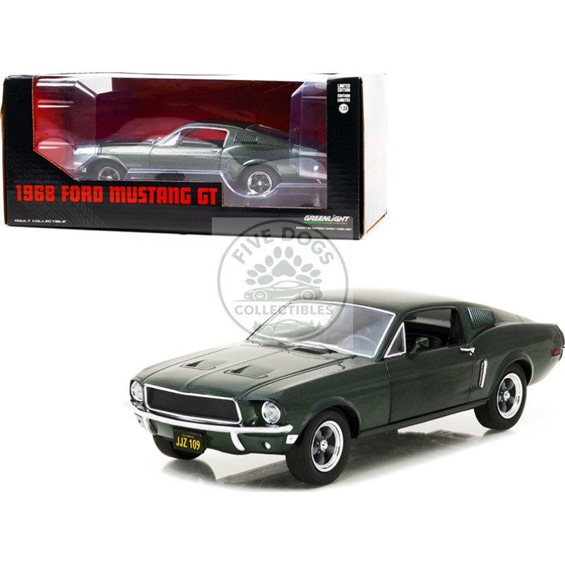 1968 ford mustang gt fastback highland green metallic 1/24 diecast model car by greenlight