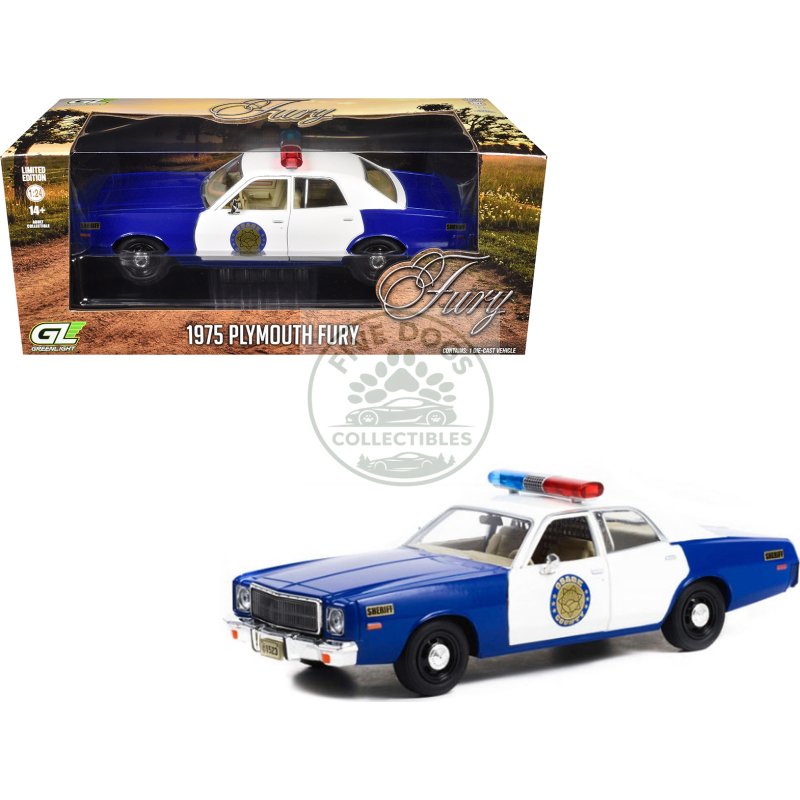 1975 plymouth fury "osage county sheriff" blue and white 1/24 diecast model car by greenlight