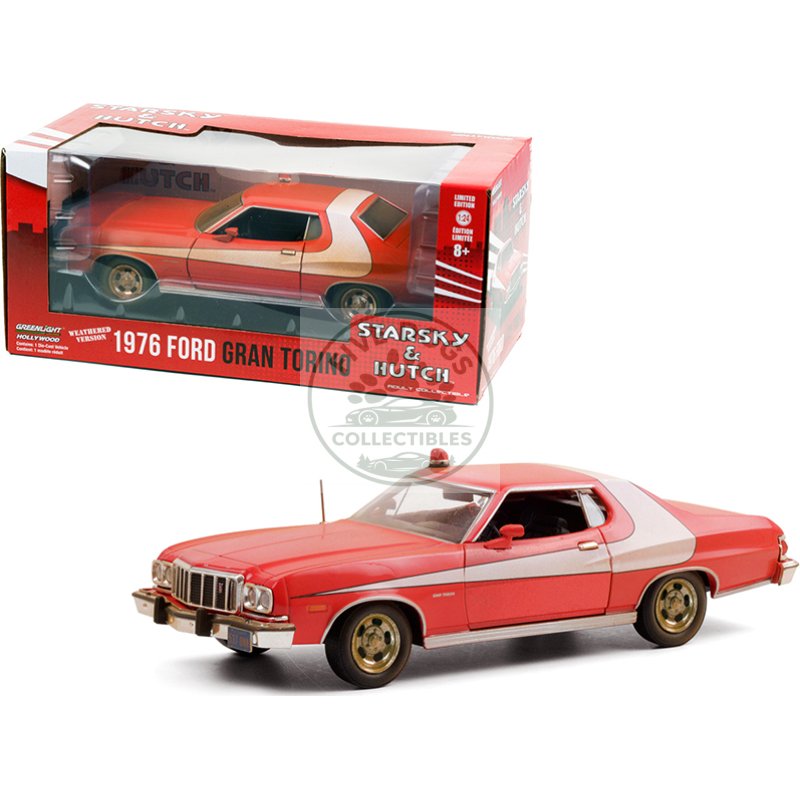 1976 ford gran torino red with white stripe (weathered version) "starsky and hutch" (1975 1979) tv series 1/24 diecast model car by greenlight