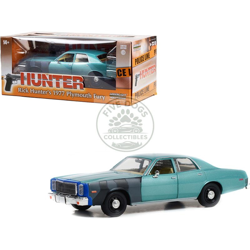 1977 plymouth fury unrestored turquoise metallic (sergeant rick hunter's) "hunter" (1984 1991) tv series "hollywood series" 1/24 diecast model car by greenlight