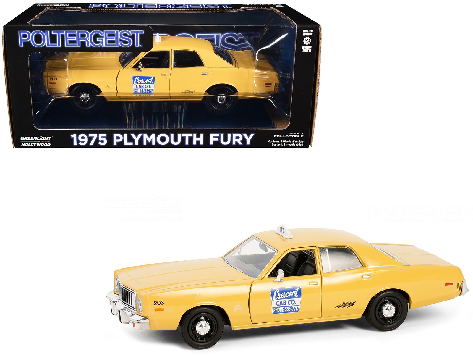 1975 plymouth fury taxi "crescent cab co." yellow "poltergeist" (1982) movie "hollywood" series 20 1/24 diecast model car by greenlight 1975 plymouth fury taxi "crescent cab co." yellow "poltergeist" (1982) movie "hollywood" series 20 1/24 diecast model car by greenlight