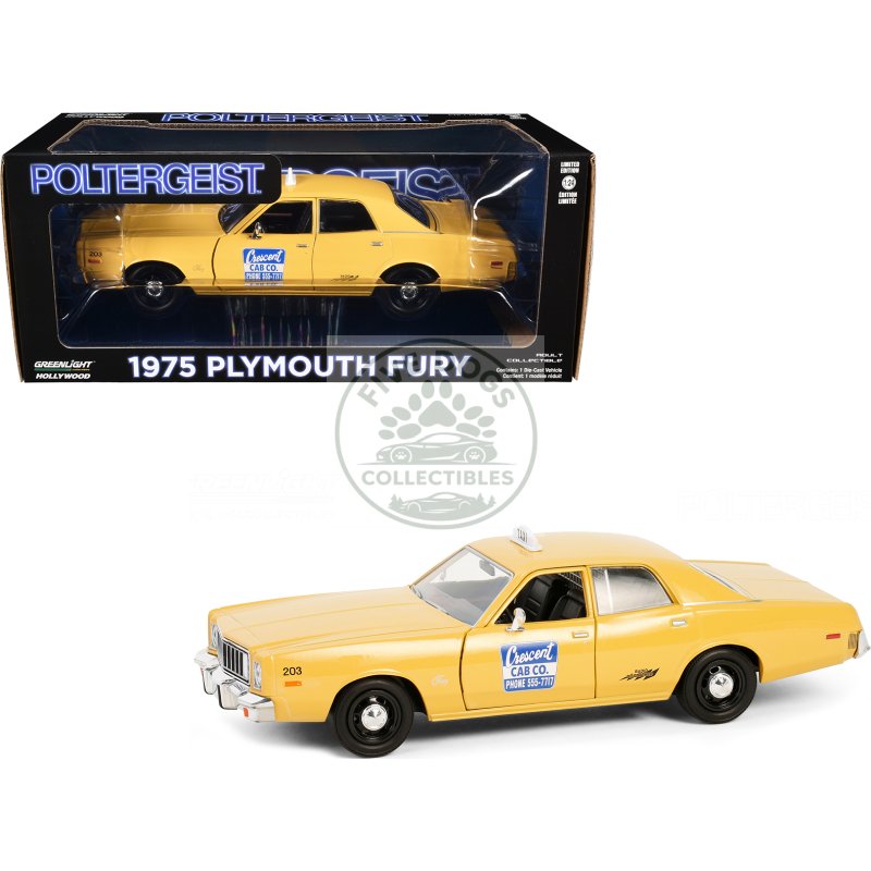 1975 plymouth fury taxi "crescent cab co." yellow "poltergeist" (1982) movie "hollywood" series 20 1/24 diecast model car by greenlight