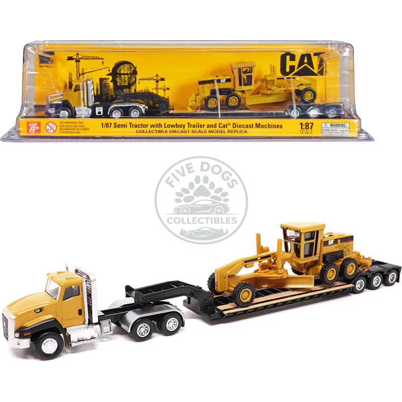 cat caterpillar ct660 day cab tractor yellow with lowboy trailer and cat 163h motor grader yellow 1/87 (ho) diecast model by diecast masters