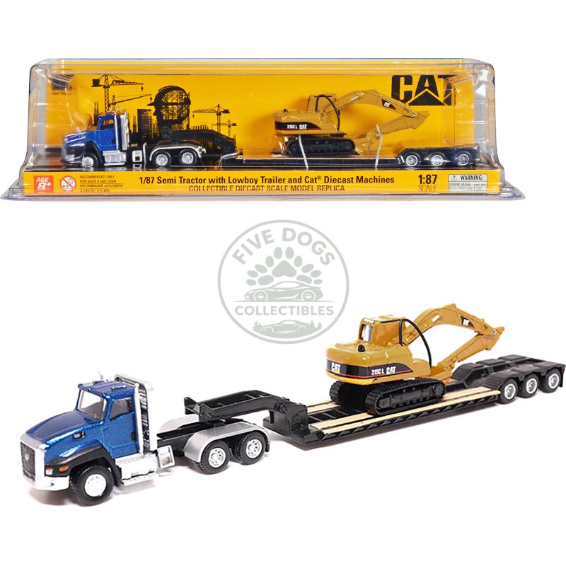 cat caterpillar ct660 day cab tractor blue metallic with lowboy trailer and cat 315c l hydraulic excavator yellow 1/87 (ho) diecast model by diecast masters
