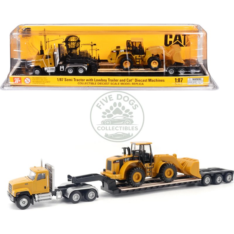 cat caterpillar ct681 day cab tractor yellow with lowboy trailer and cat 950g wheel loader yellow 1/87 (ho) diecast model by diecast masters