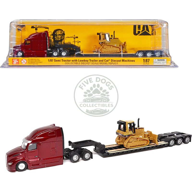 peterbilt 579 ultraloft tandem tractor red metallic with lowboy trailer and cat d5m dozer yellow 1/87 (ho) diecast model by diecast masters