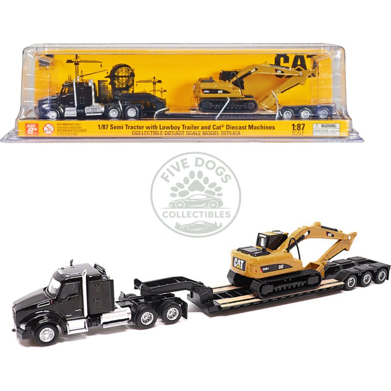 kenworth t880 sbfs sleeper tandem tractor black with lowboy trailer and cat 320d l hydraulic excavator yellow 1/87 (ho) diecast model by diecast masters
