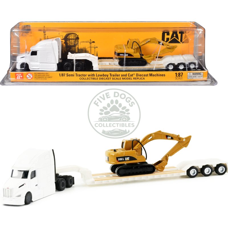 peterbilt 579 tractor white with lowboy trailer and cat 315c excavator yellow 1/87 (ho) diecast model by diecast masters