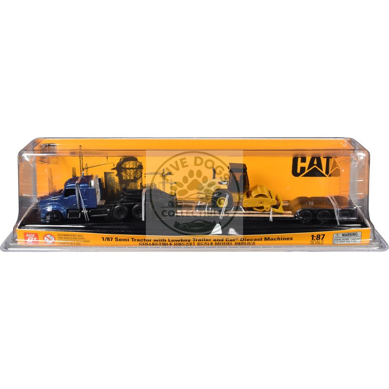 kenworth t880 tractor blue metallic with lowboy trailer and cat padfoot roller yellow 1/87 (ho) diecast model by diecast masters