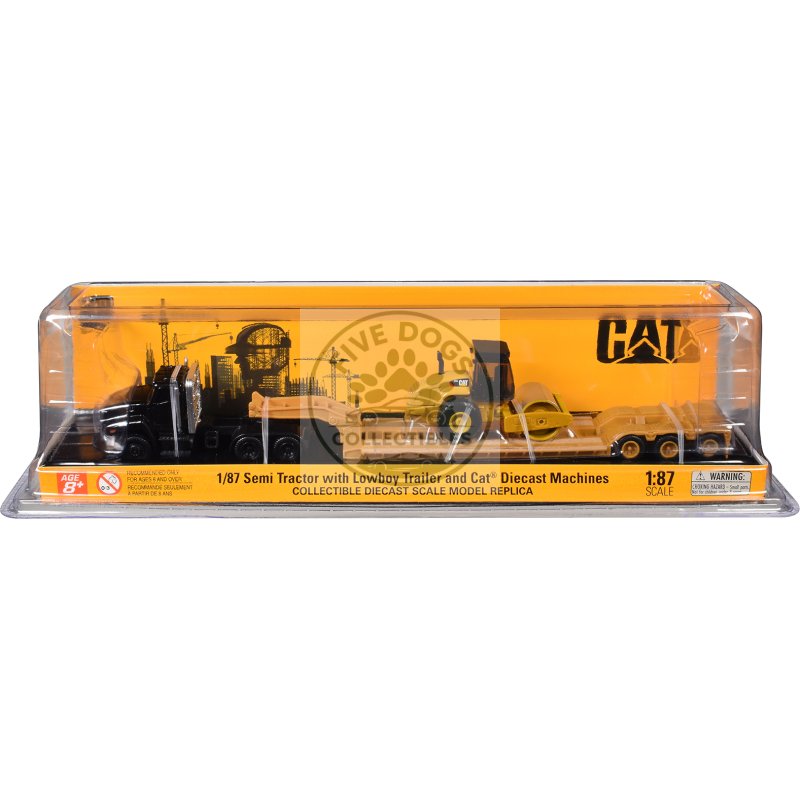 kenworth t880 tractor black with lowboy trailer and cat roller yellow 1/87 (ho) diecast model by diecast masters