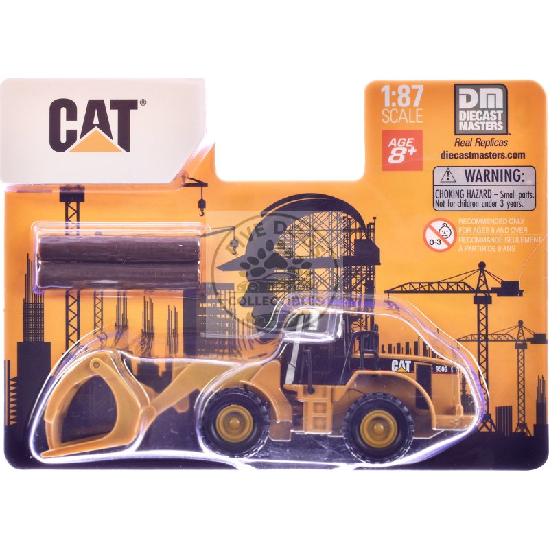 cat caterpillar 950g wheel loader yellow with log fork and wood log accessories 1/87 (ho) diecast model by diecast masters