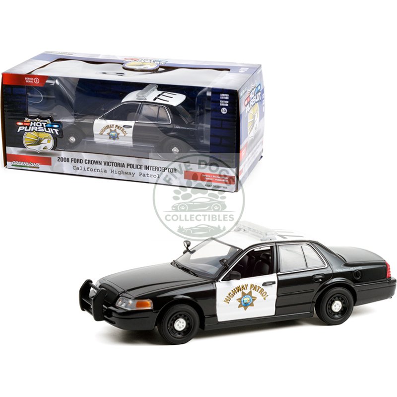 2008 ford crown victoria police interceptor black and white chp "california highway patrol" "hot pursuit" series 1/24 diecast model car by greenlight