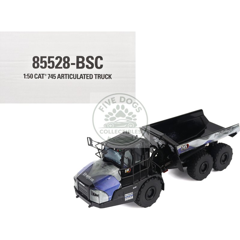 cat caterpillar 745 articulated dump truck "brent scarbrough & co. back the blue" black with graphics "high line" series 1/50 diecast model by diecast masters