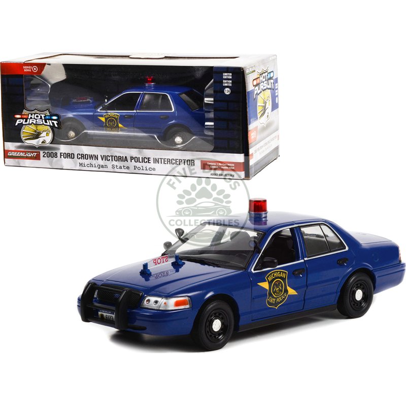 2008 ford crown victoria police interceptor dark blue "michigan state police" "hot pursuit" series 1/24 diecast model car by greenlight