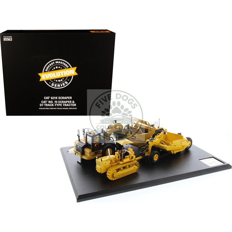 cat caterpillar 621k tractor scraper and cat caterpillar d7 track type tractor with no. 70 scraper set "evolution series" 1/50 diecast models by diecast masters