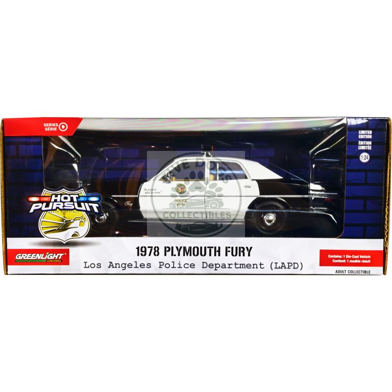 1978 plymouth fury black and white "lapd (los angeles police department)" "hot pursuit" series 9 1/24 diecast model car by greenlight