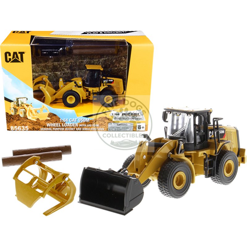 cat caterpillar 950m wheel loader with bucket and log fork with two log poles "play & collect!" 1/64 diecast model by diecast masters