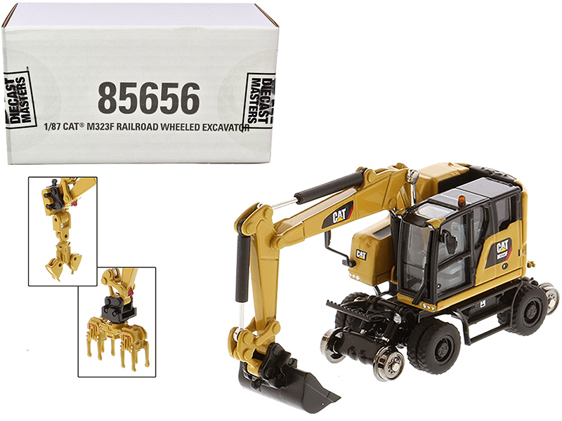 cat caterpillar m323f railroad wheeled excavator with 3 accessories (cat yellow version) "high line" series 1/87 (ho) scale diecast model by diecast masters cat caterpillar m323f railroad wheeled excavator with 3 accessories (cat yellow version) "high line" series 1/87 (ho) scale diecast model by diecast masters