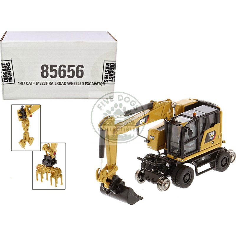 cat caterpillar m323f railroad wheeled excavator with 3 accessories (cat yellow version) "high line" series 1/87 (ho) scale diecast model by diecast masters