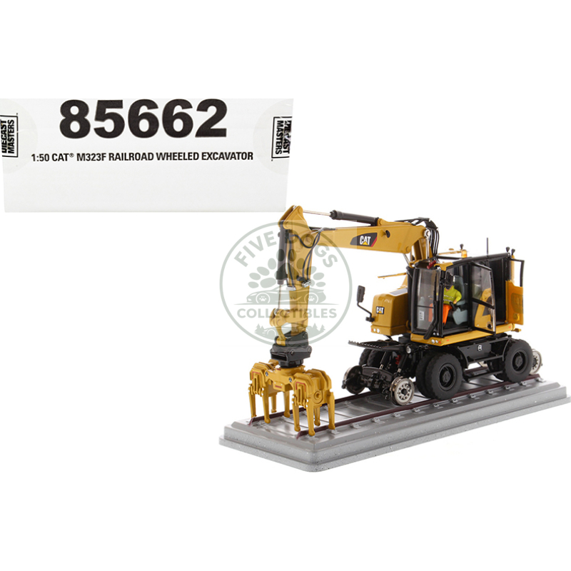 cat caterpillar m323f railroad wheeled excavator with operator and 3 work tools (cat yellow version) "high line series" 1/50 diecast model by diecast masters