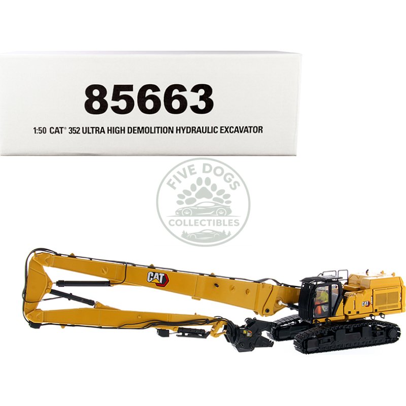 cat caterpillar 352 ultra high demolition hydraulic excavator with operator and two interchangeable booms "high line series" 1/50 diecast model by diecast masters