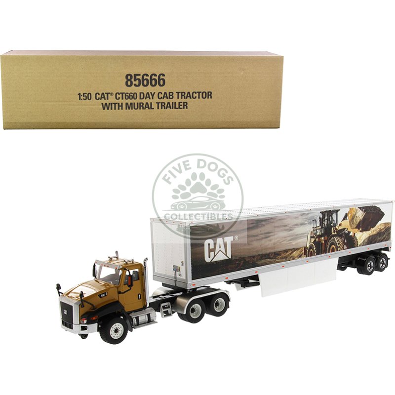 cat caterpillar ct660 day cab with caterpillar mural dry van trailer "transport series" 1/50 diecast model by diecast masters