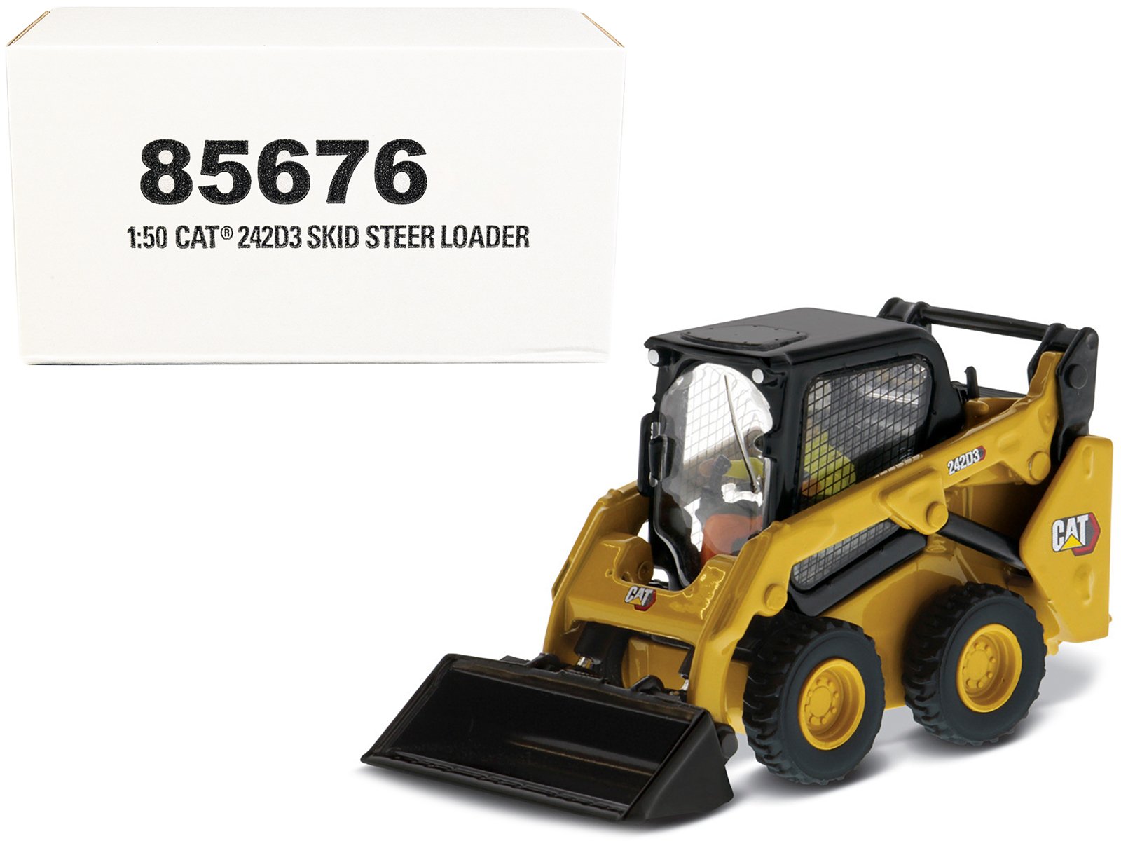 cat caterpillar 242d3 wheeled skid steer loader with work tools and operator yellow "high line series" 1/50 diecast model by diecast masters cat caterpillar 242d3 wheeled skid steer loader with work tools and operator yellow "high line series" 1/50 diecast model by diecast masters