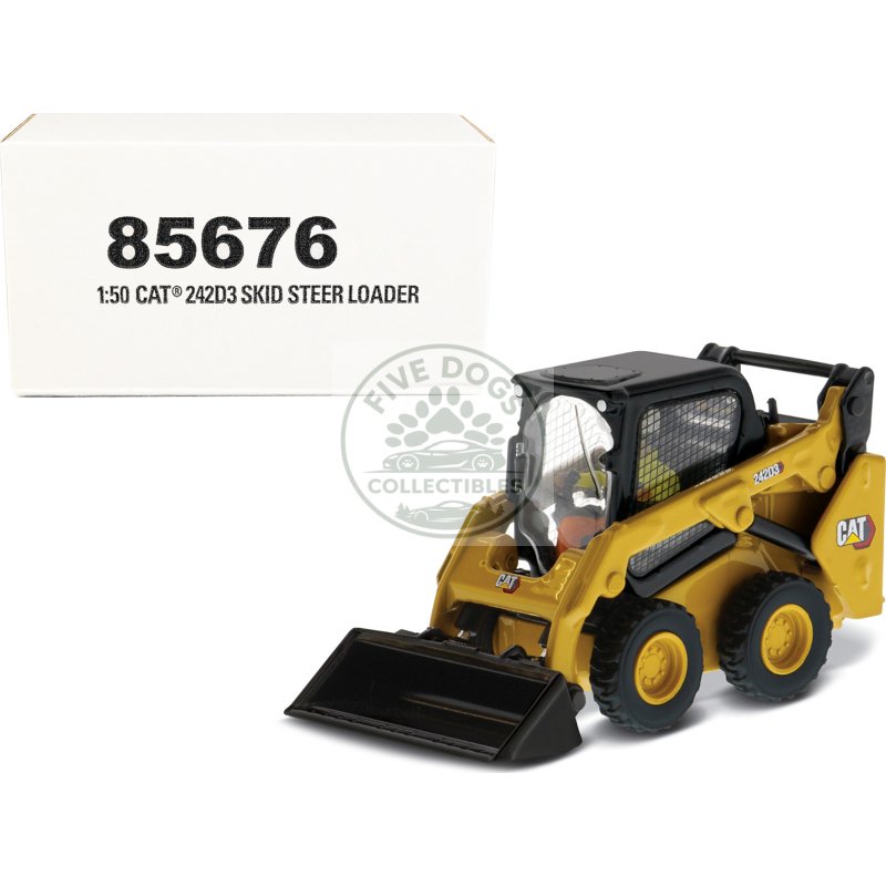 cat caterpillar 242d3 wheeled skid steer loader with work tools and operator yellow "high line series" 1/50 diecast model by diecast masters