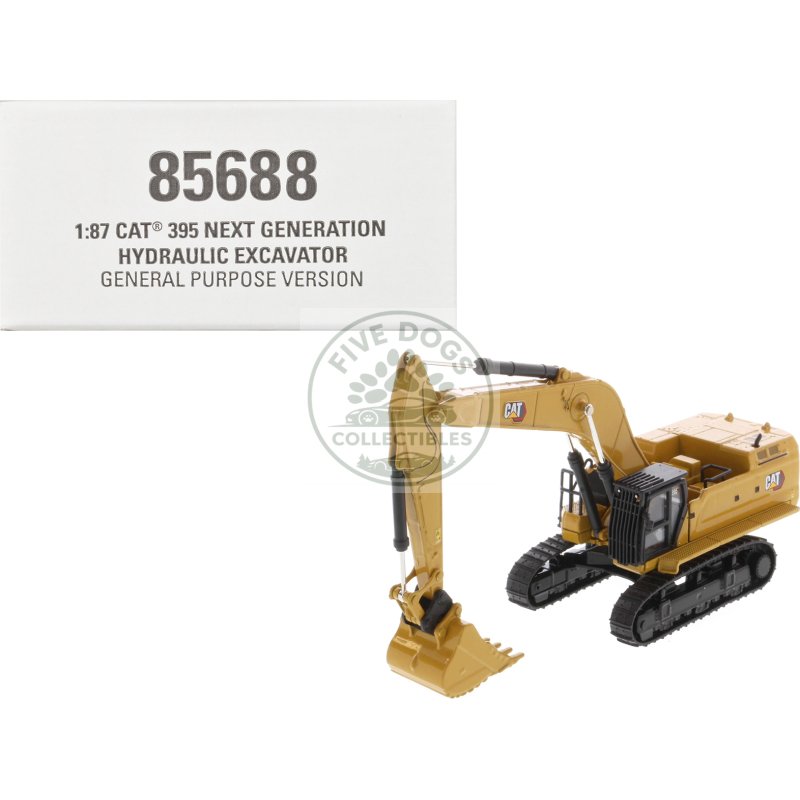 cat caterpillar 395 next generation hydraulic excavator (general purpose version) yellow with additional tools "high line series" 1/87 (ho) diecast model by diecast masters