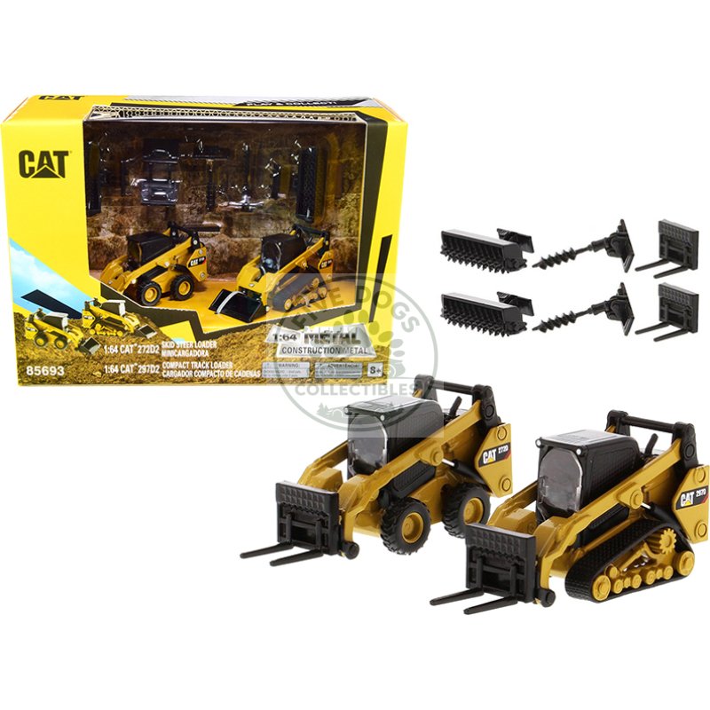 set of 2 pieces cat caterpillar 272d2 skid steer loader and cat caterpillar 297d2 compact track loader with accessories 1/64 diecast models by diecast masters