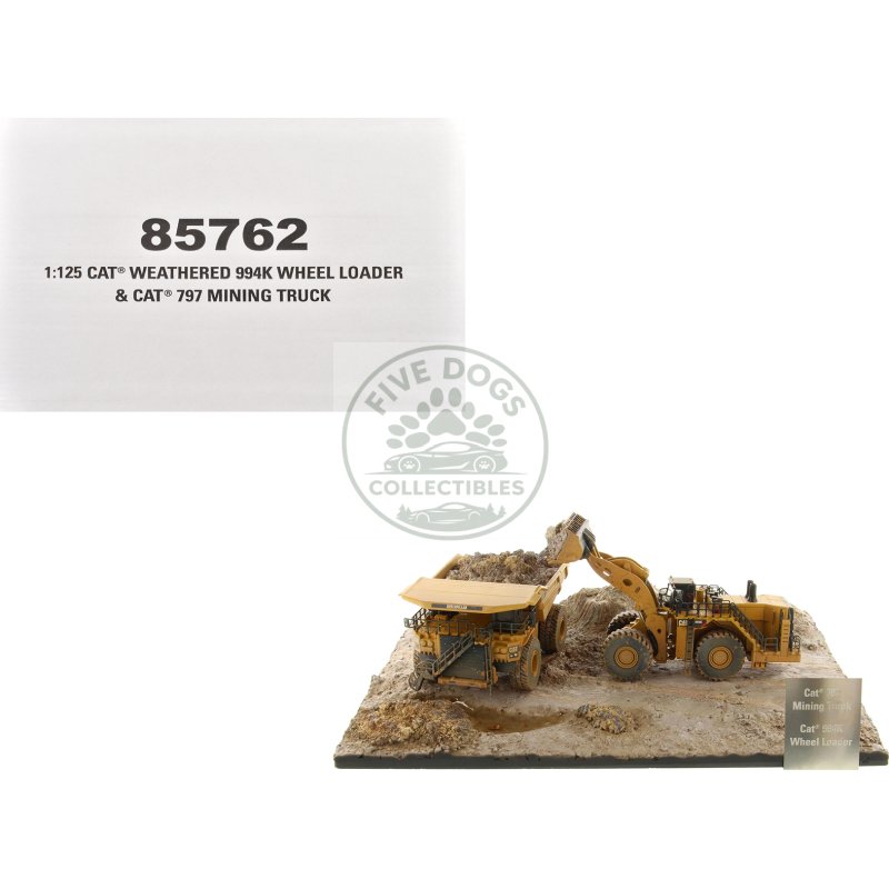 cat caterpillar 994k wheel loader and 797 mining truck yellow (weathered) set of 2 pieces "weathered series" 1/125 diecast model by diecast masters