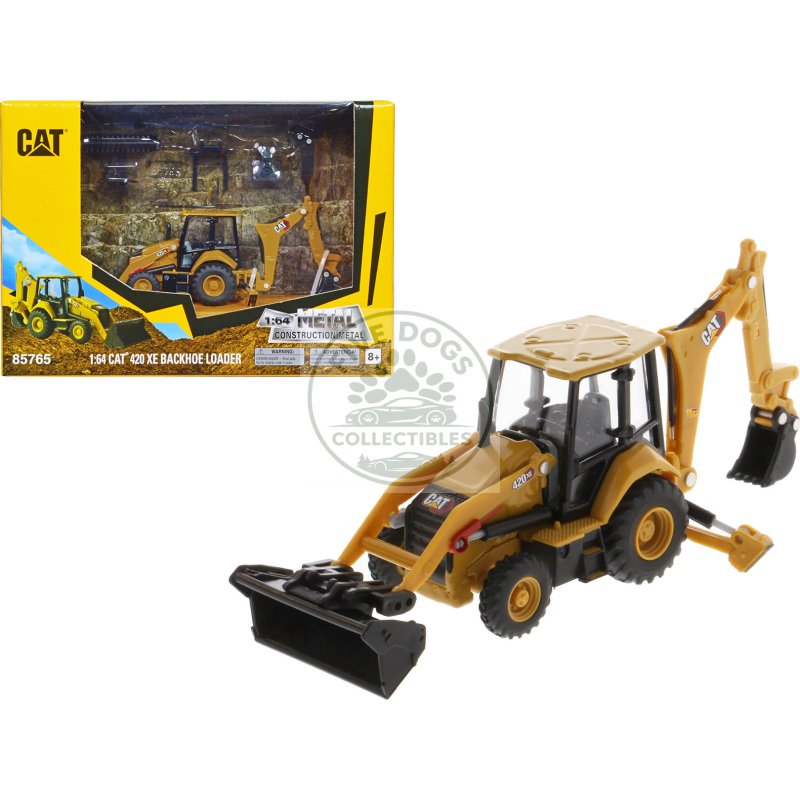 cat caterpillar 420 xe backhoe loader with work tools yellow 1/64 diecast model by diecast masters