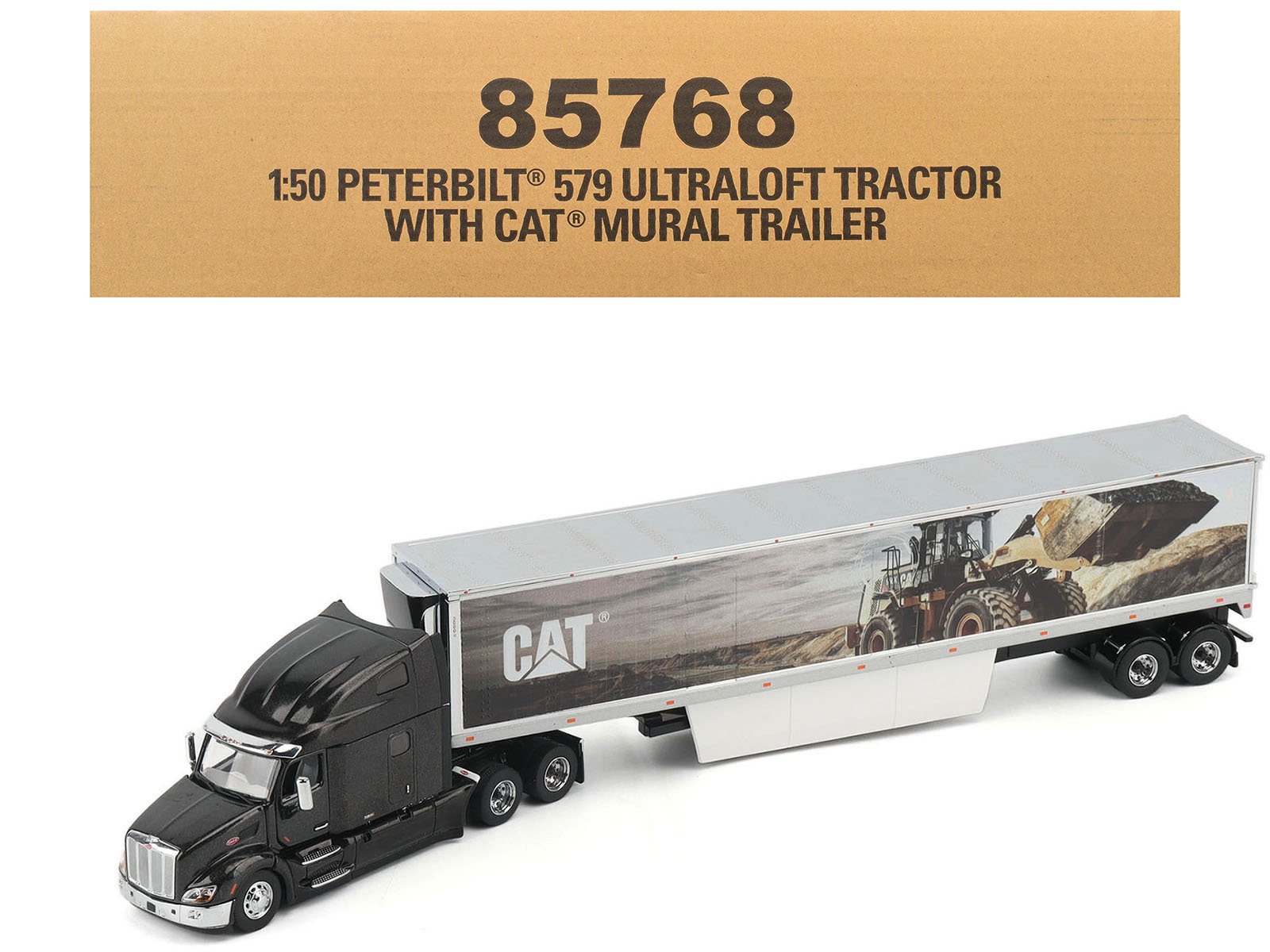 peterbilt 579 ultraloft truck tractor black metallic with "cat caterpillar" mural trailer "transport series" 1/50 diecast model by diecast masters peterbilt 579 ultraloft truck tractor black metallic with "cat caterpillar" mural trailer "transport series" 1/50 diecast model by diecast masters