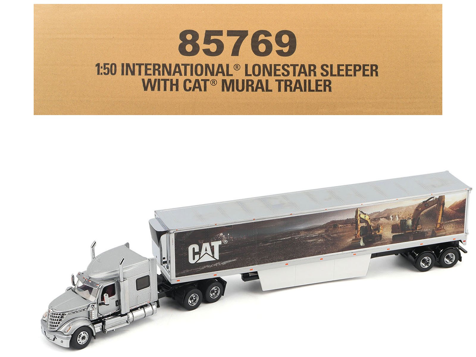 international lonestar truck with sleeper silver metallic with "cat caterpillar" mural trailer "transport series" 1/50 diecast model by diecast masters international lonestar truck with sleeper silver metallic with "cat caterpillar" mural trailer "transport series" 1/50 diecast model by diecast masters
