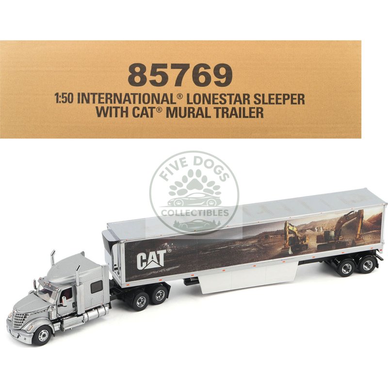 international lonestar truck with sleeper silver metallic with "cat caterpillar" mural trailer "transport series" 1/50 diecast model by diecast masters
