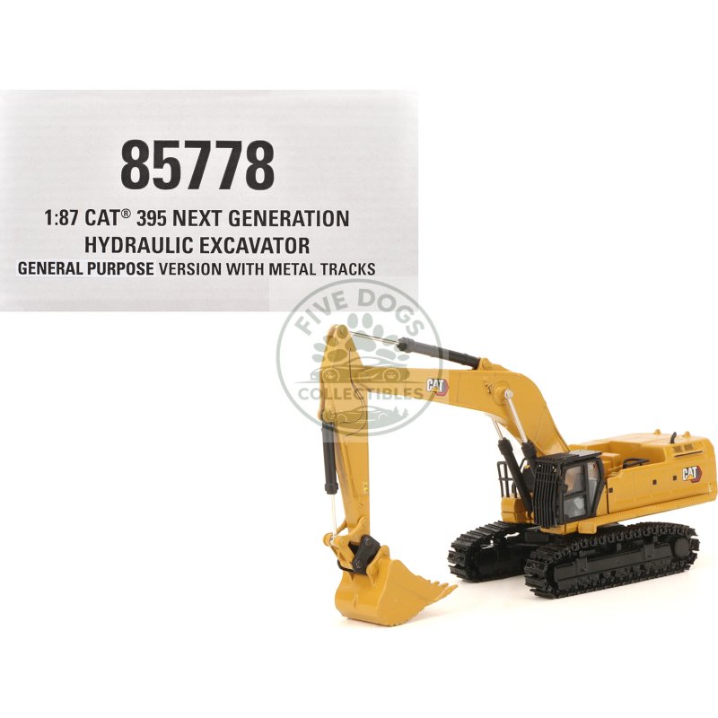 cat caterpillar 395 next generation hydraulic excavator (mass excavator version) yellow with additional tools "high line series" 1/87 (ho) diecast model by diecast masters
