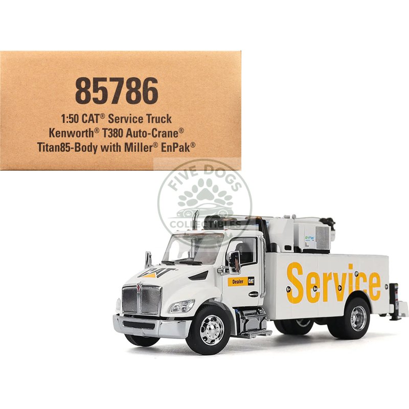 kenworth t380 auto crane titan 85 truck with miller enpak white "transport series" 1/50 diecast model by diecast masters
