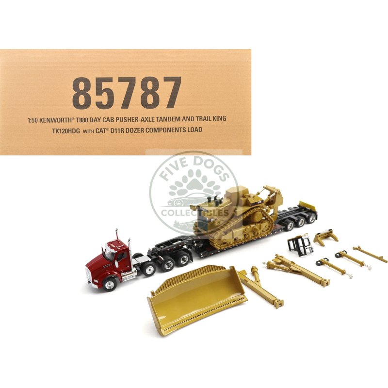 kenworth t880 day cab red and trail king tk120 lowboy trailer with cat caterpillar d11r dozer and components load "transport series" 1/50 diecast model by diecast masters