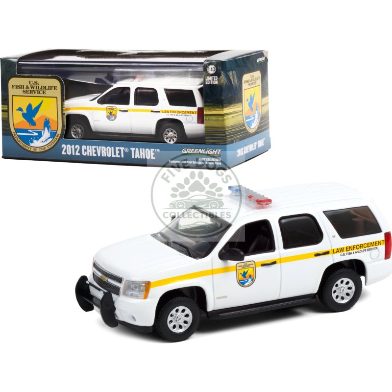 2012 chevrolet tahoe white with yellow stripes "u.s. fish & wildlife service law enforcement" 1/43 diecast model car by greenlight