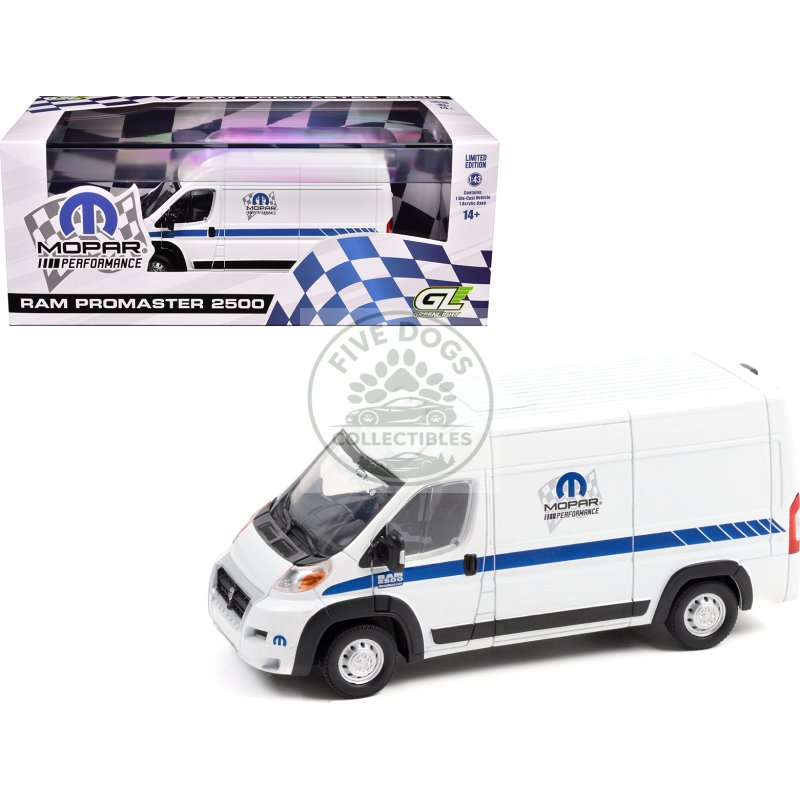 2018 ram promaster 2500 cargo high roof van "mopar performance" white with blue stripes 1/43 diecast model car by greenlight